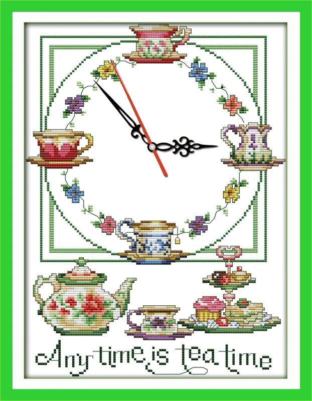 In qualsiasi momento è tea time kit punto croce 14ct 11ct count stampa su tela orologio da parete cuciture ricamo cucito a mano fai-da-te