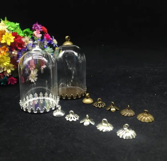 50pcs 38*25mm transaparen tube jars bell shape glass vial pendant with crown tray beads cap glass cover dome vase diy party gift