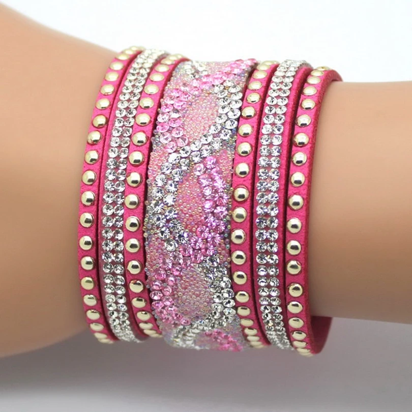 XQNI Brand Top Crystal Leather Bracelets & Bangles Personality Printed Pave Setting Rhinestone Charm Bracelet For Women