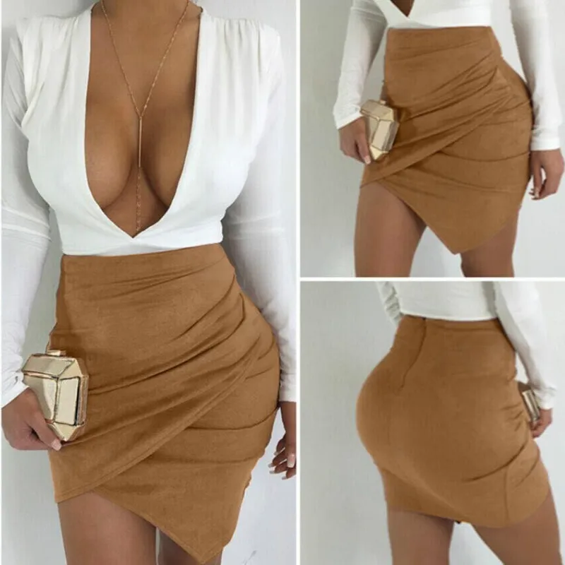 New Fashion Women High Waist Lace Up Suede Leather Pocket Preppy Asymmetrical Short Mini Skirts