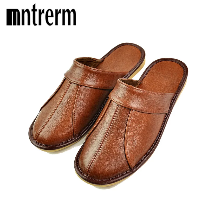 Mntrerm Spring Slip On Men Slippers Soft Comfortable 100% Cow Leather Handmade Stitches Black Brown Genuine Leather Shoes