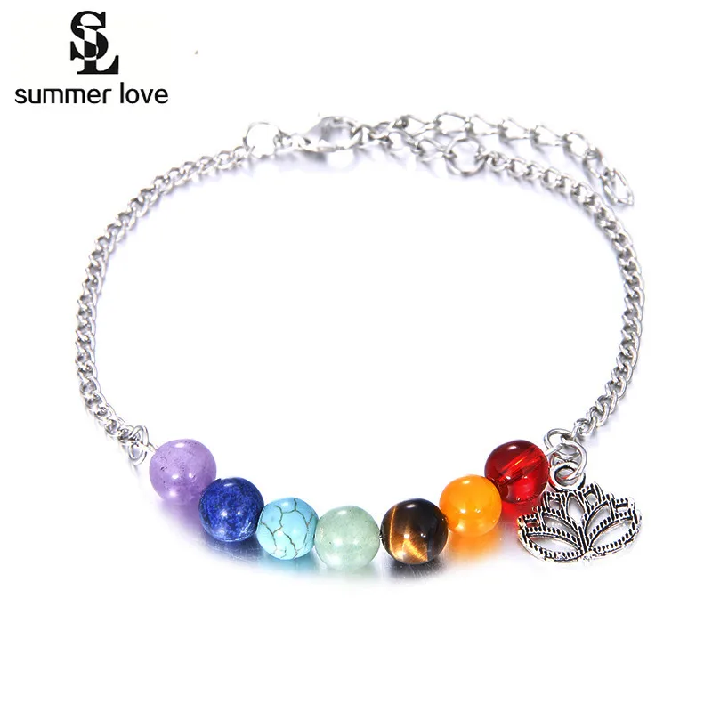 2024 Lotus Charm OM 7 Chakra Beads Bracelets Anklet For Women Silver Color Link Chain Pray Yoga Bracelet Foot Jewelry Wholesale