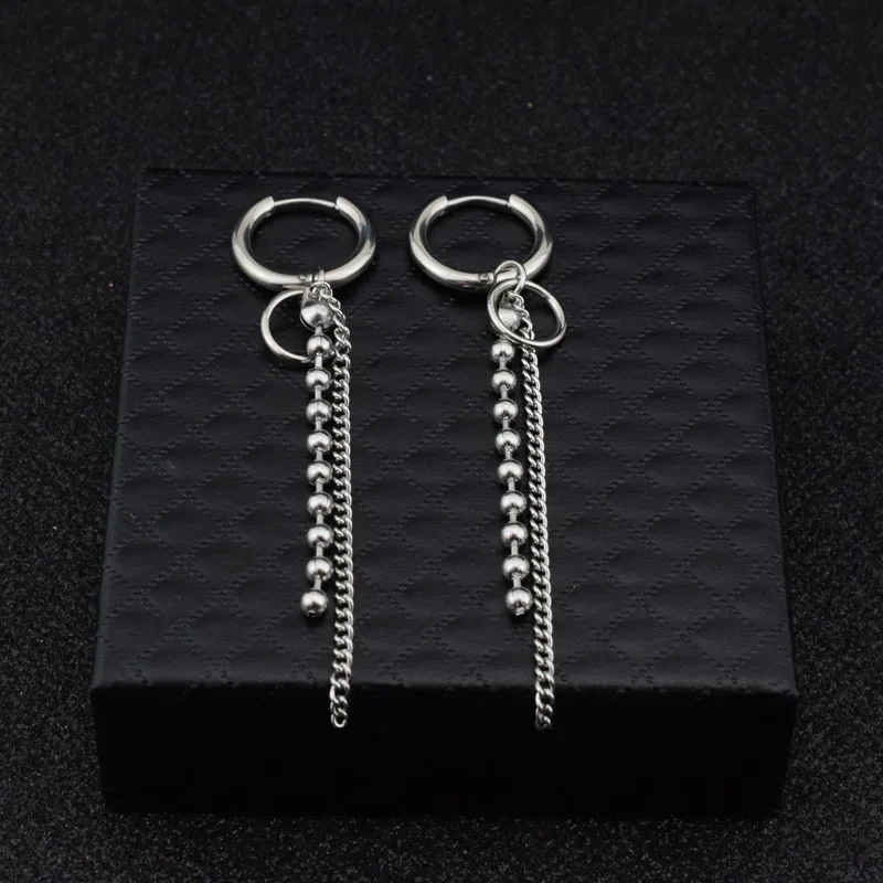 KPOP men Threader Earrings- stainless steel chain drop pendan-minimalist earring-Circle chain stud Earring-Bar chain earring men