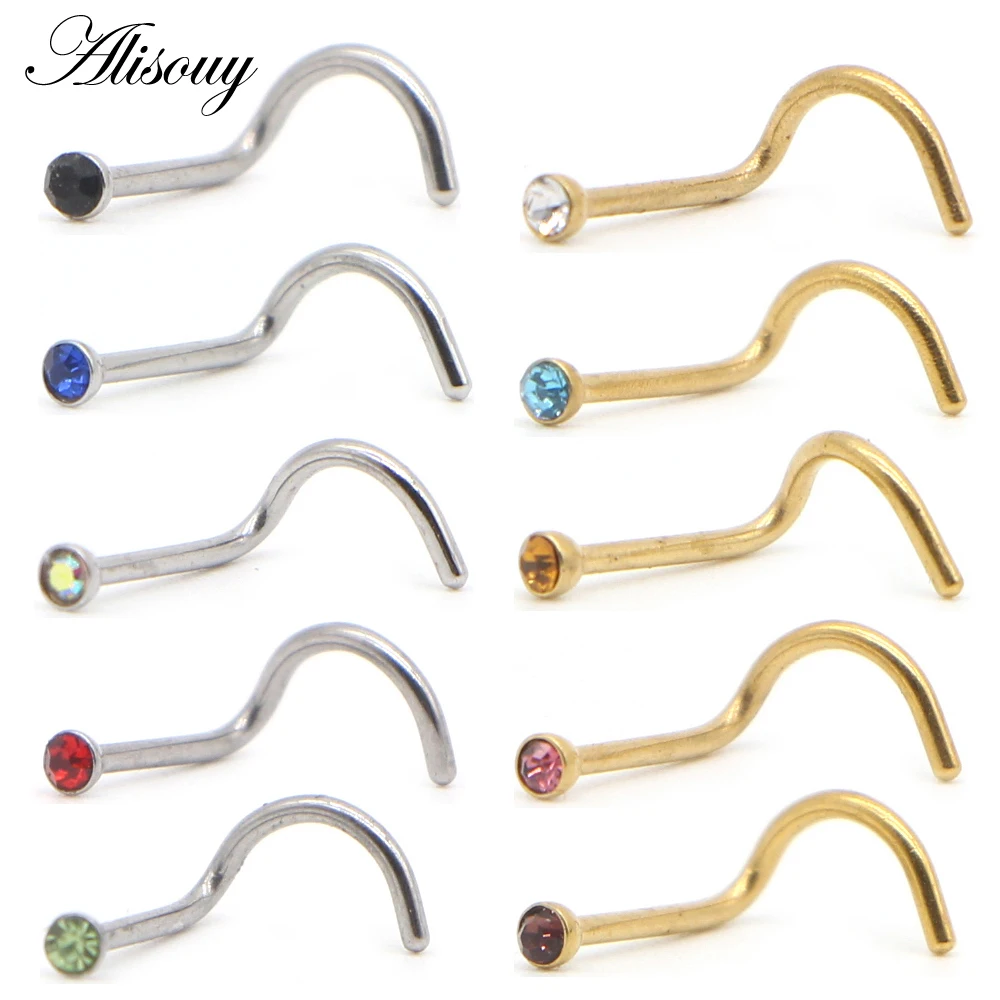 Alisouy 1pc Fashion Stainless Steel Crystal Rhinestone Nose Studs Hooks Bar Pin Nose Rings Body Piercing Jewelry For Women