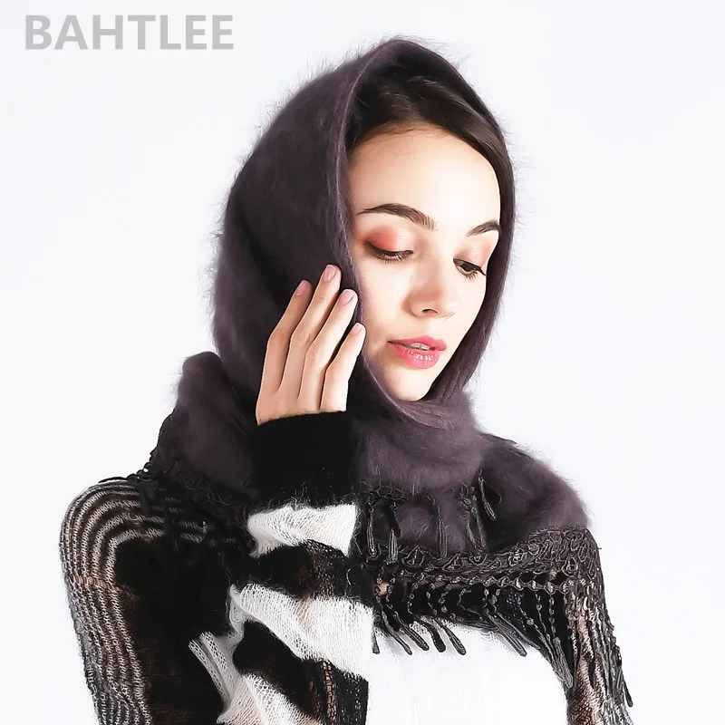 BAHTLEE-Women\'s Turban Hijab Scarf, Angora Rabbit Poncho, Triangular Shawl, Knitted Real Fur Wrap, Cloak Cape, Winter