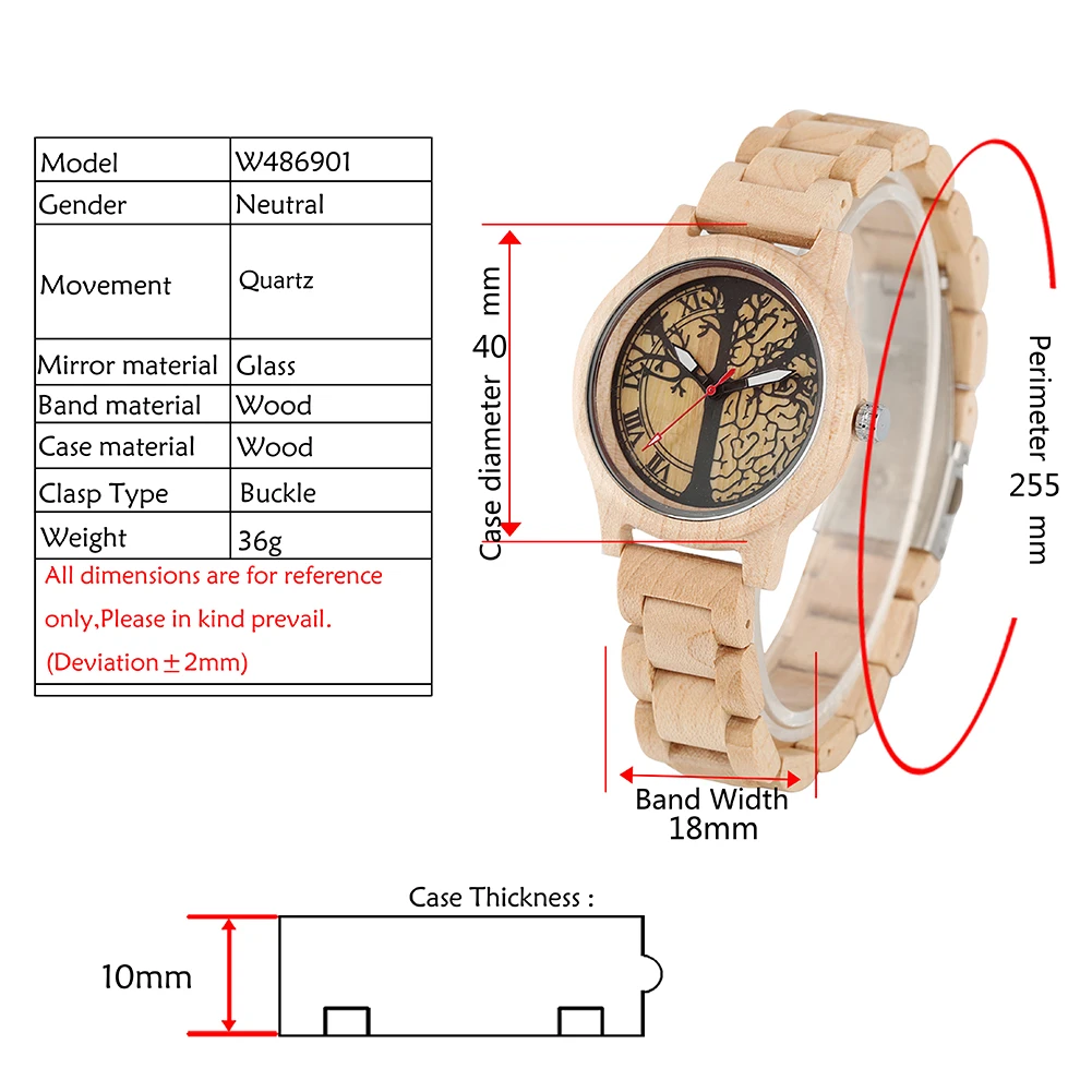 Women\'s Watch Wood Quartz Watch Natural Wood Wristwatch Luminous Full Maple Tree of Life Pattern Dial