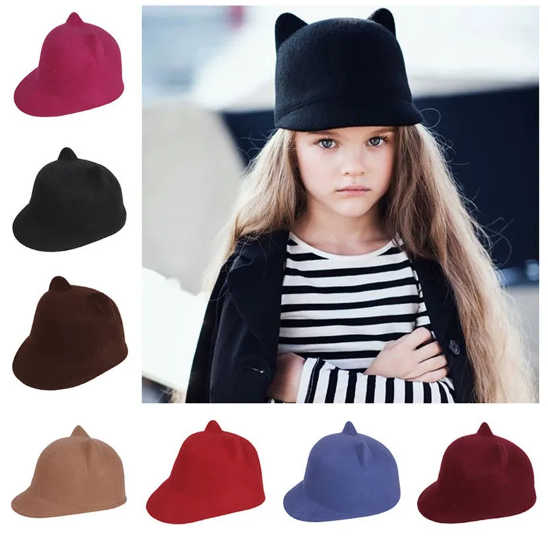 LUCKYLIANJI High Quality 100% Wool Felt Kid Children Demon Devil Hat Cat Ears Derby Bowler Cap (One Size:54cm)