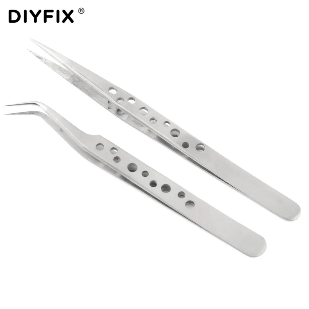 DIYFIX Precision Tweezers Stainless Steel Straight Curved Tips Anti-static Forceps Watch Phone DIY Repair Hand Picking Tools Set