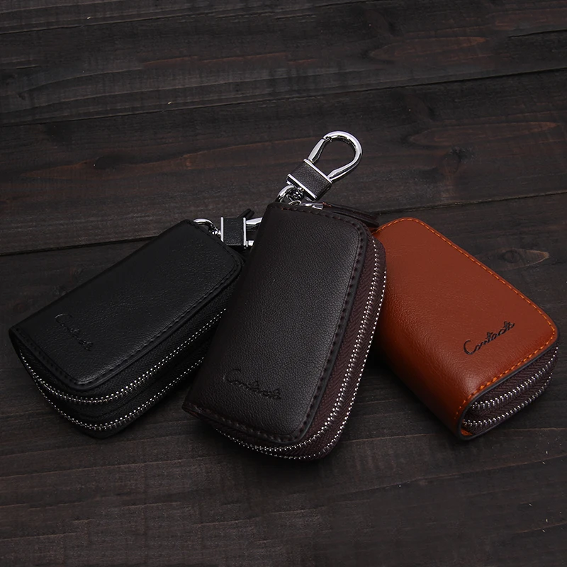 CONTACT\'S Genuine Leather Car Key Wallets Fashion Key Holder Housekeeper Keys Organizer Double Zipper Keychain Case Key Pouch