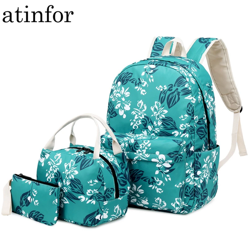 atinfor Brand Bag Set Nylon Backpack Women Waterproof Printing backpack National Middle School Student Bag with Lunch Box 2019