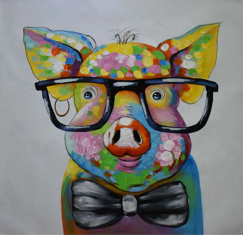 Hand Painted Abstract Cartoon Animal Oil Canvas Painting Happy Pig With Glasses Oil Painting Wall Art Picture Painting for Room