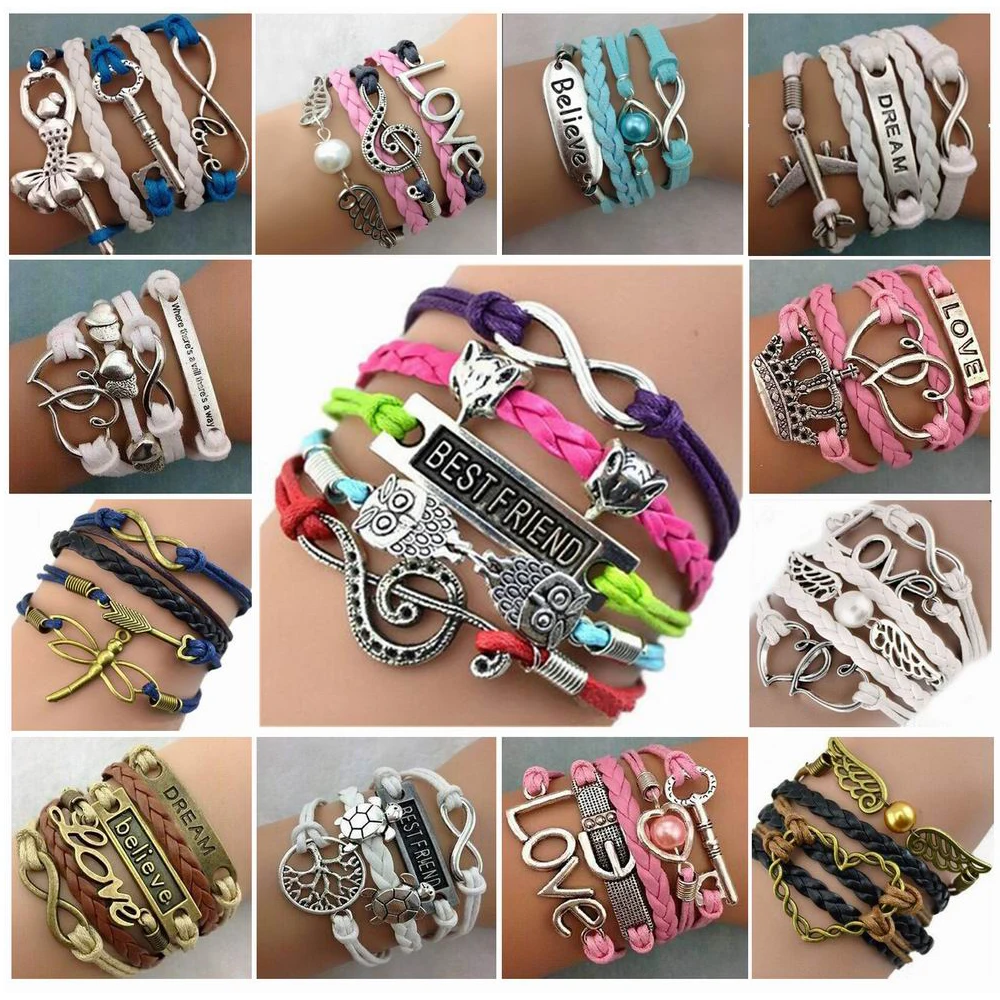 Wholesale 30pcs/Lots Mix Style Infinity Love Charm Bracelets Antique Multilayer Leather Bracelets For Women Jewelry