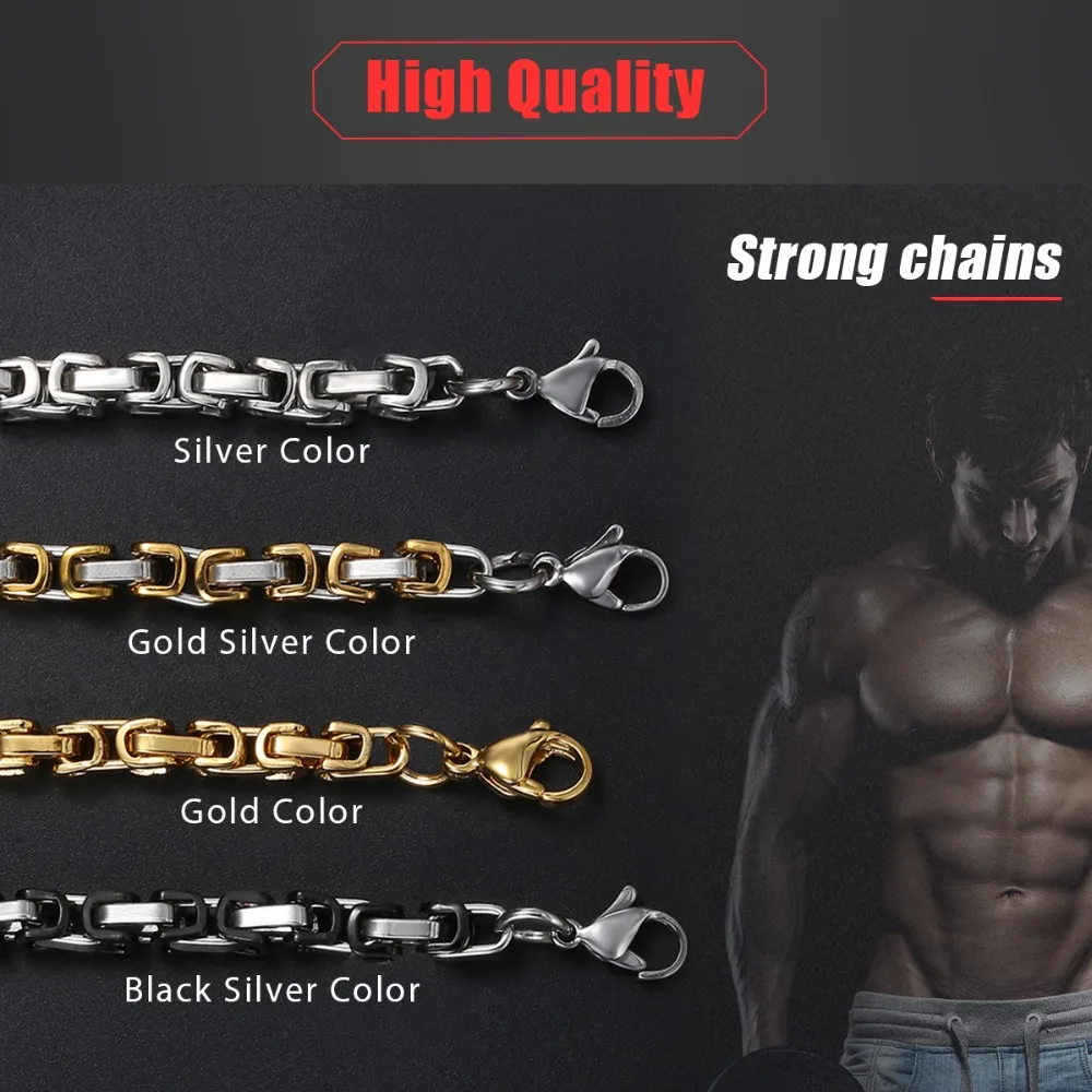 Men\'s Necklace Stainless Steel Byzantine Box Link Chain Necklaces Male Collar Fashion Jewelry Gifts 18-36\