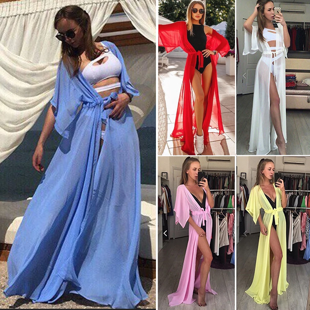 2019 Summer Women Swimsuit Bikini Cover Up Sexy Beach Cover Ups Chiffon Long Dress Elegant Solid Beach Bathing Suit tunic kaftan