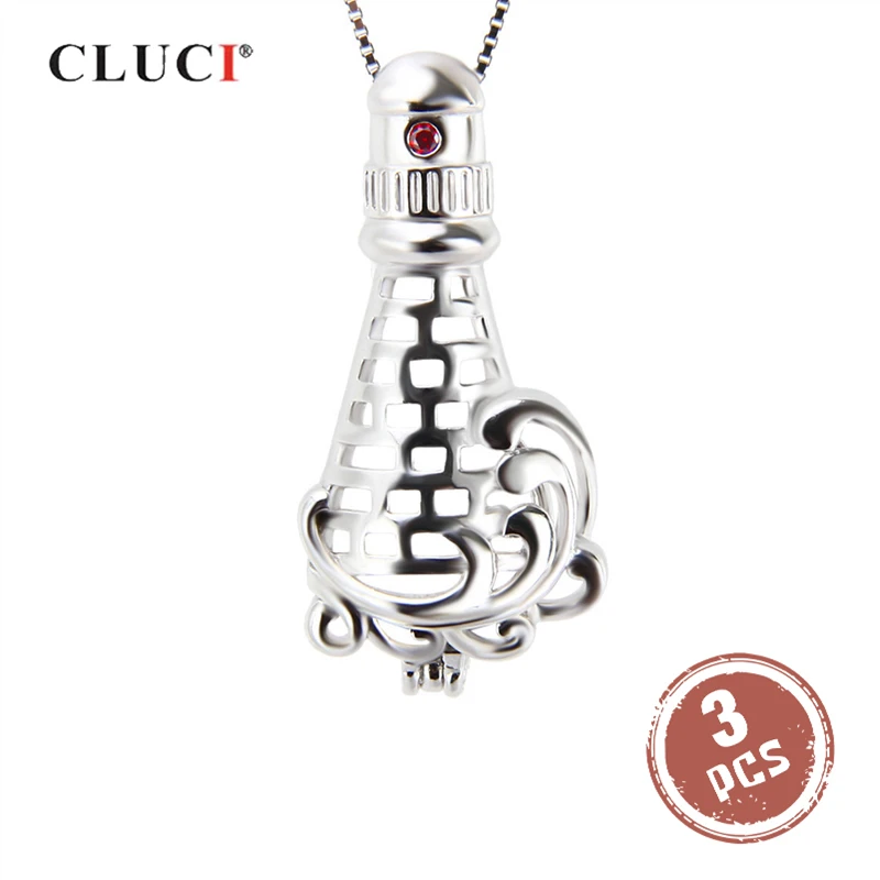 

CLUCI 3pcs 925 Sterling Silver Lighthouse Shaped Cage Pendant Women Necklace Jewelry Silver 925 Pearl Locket SC178SB