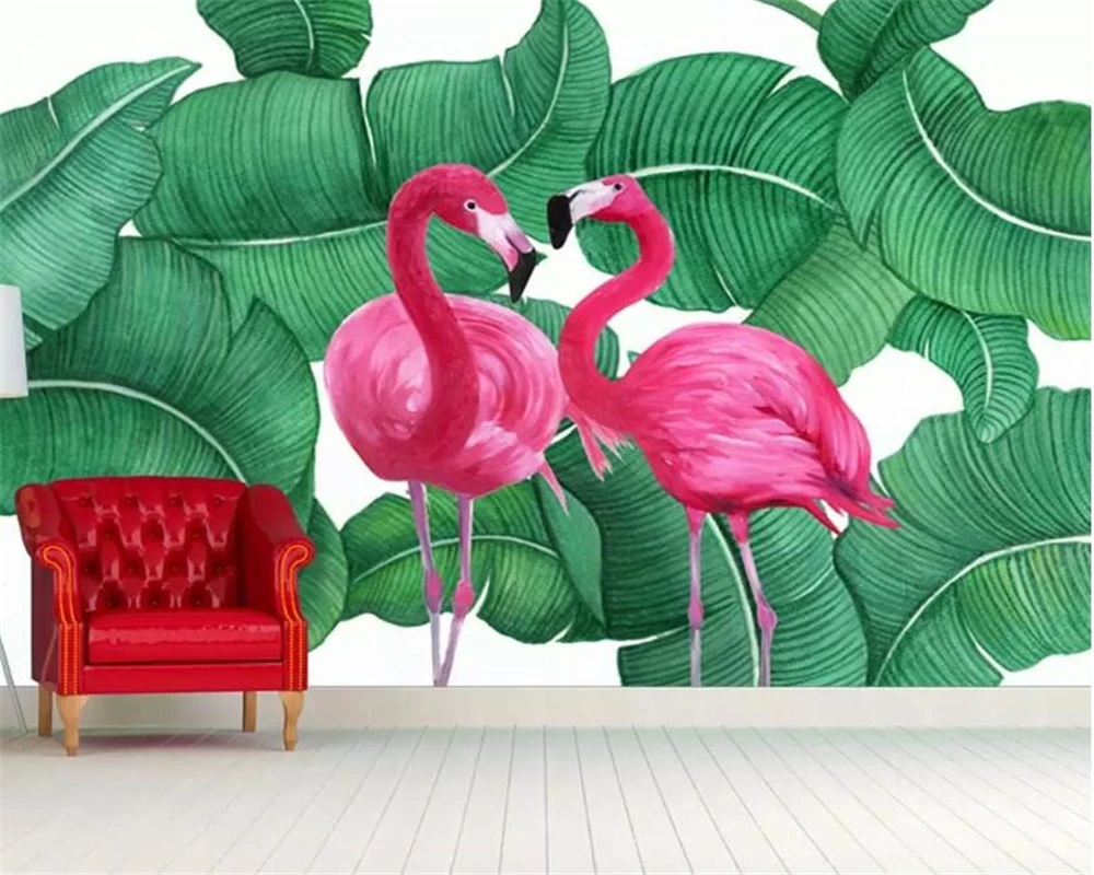 Custom high quality 3d wallpaper HD Hand Painted red Flamingo Banana leaf background wall papel de parede 3d wallpaper