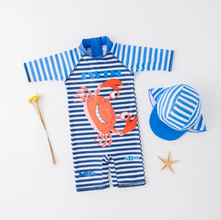 

New Arrival Lovely Striped Crab Pattern Baby Boy Conjoined Swimwear with Swimming Cap/Beach Sunscreen Surfing Swimsuit 3092