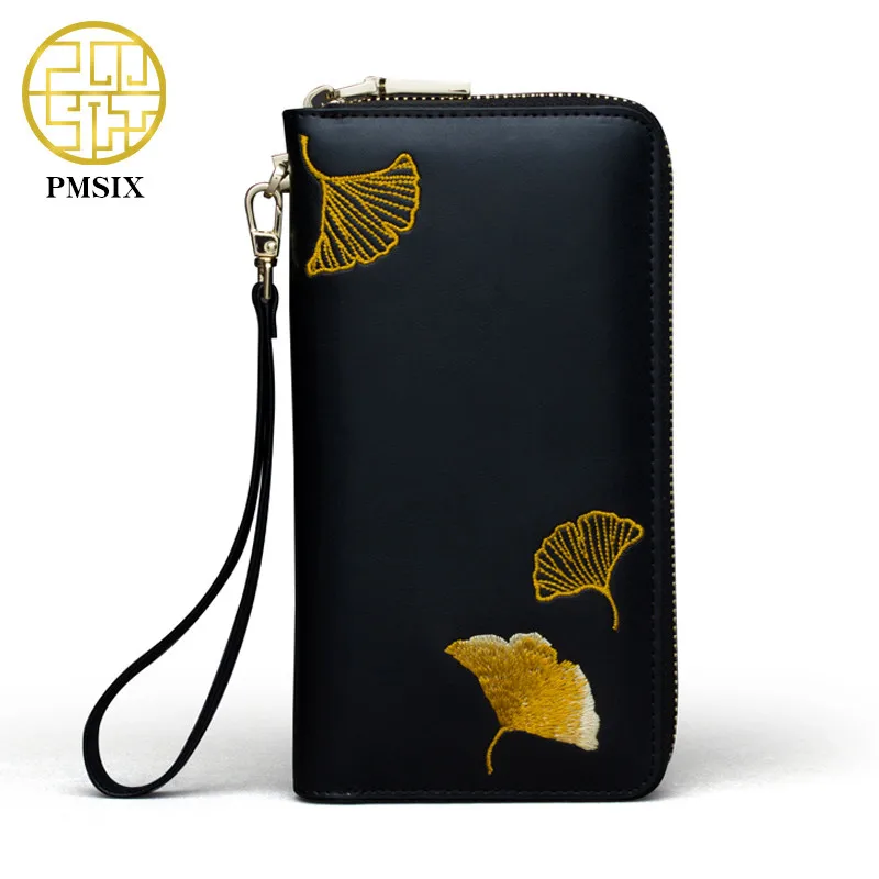 Pmsix 2020 Embroidery Leather Cattle Leather Women Wallet Designer Fashionable Clutch Bag Card Holder Purses Mobile Phone Bag