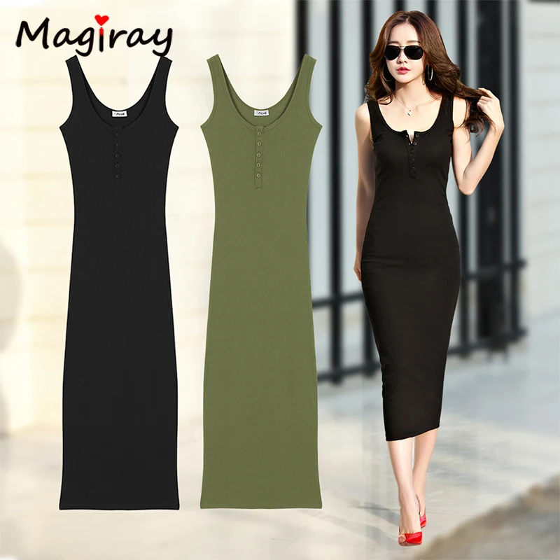 Magriay-longo vestido de malha de algodão para mulheres, regata sem mangas, botão, sexy, bodycon, festa, casual, elegante, preto, c389