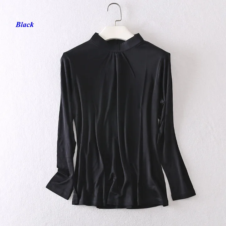 

New arrival pure silk knitted lady long sleeve T shirt,100% heavy silk standing collar T shirt women,double faced silk T-shirt