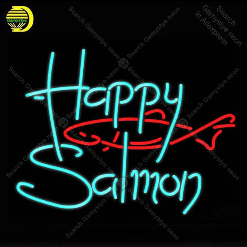 

Happy Salmon Neon Sign Real Glass Tube Neon Handmade neon light Sign Shop Display Decorate Hotel Pub club Iconic Neon Light Lamp