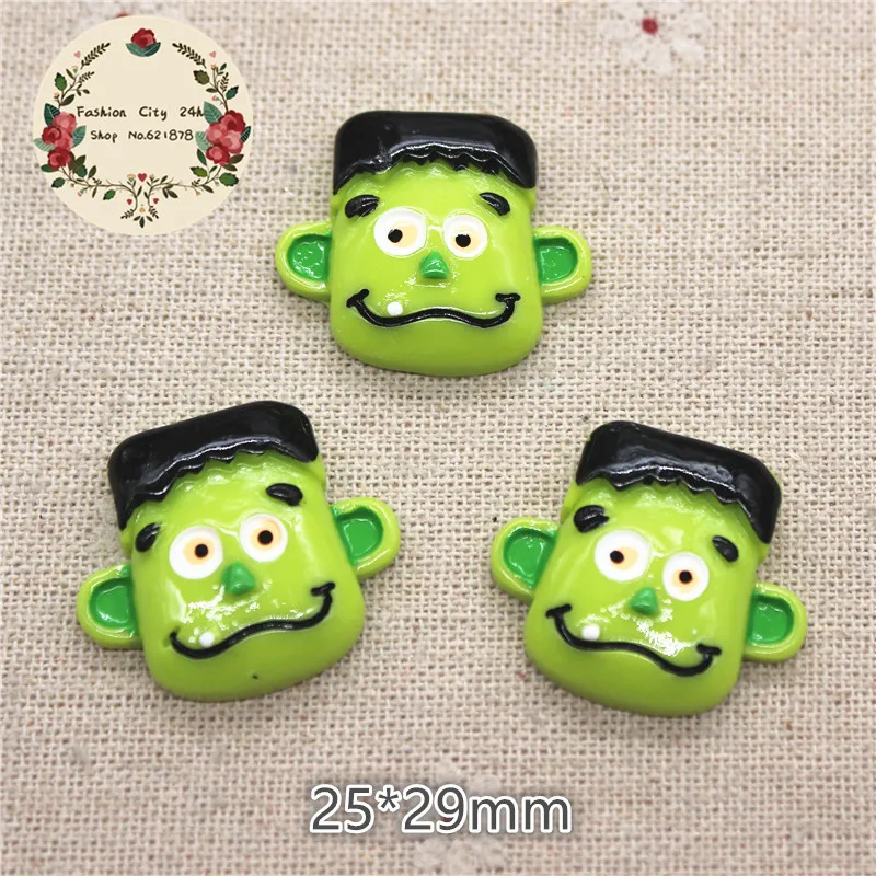 10pc Green Face Frankenstein Halloween Party Resin Cabochons Flatback DIY craft decoration,25*29mm