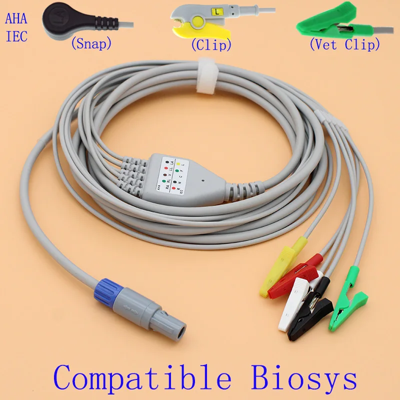 

Redel 6pins ECG EKG 5 leads cable and electrode leadwire for Biosys BPM-103,AHA/IEC,Snap/Clip/Vet clip connector,Animal ECG EMG