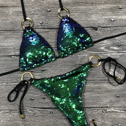 Bikini liso con cuello Halter para mujer, traje de baño Sexy, conjunto de Bikini con lentejuelas ostentosas, ropa de playa, Monokini con purpurina, envío directo