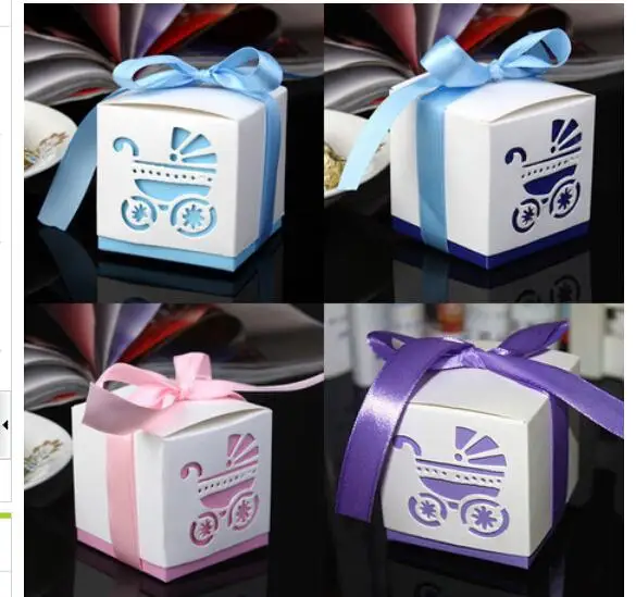 

100 pcs/lot baby shower pink purple blue carriage ribbon bow Wedding favor paper box favour gift candy boxes