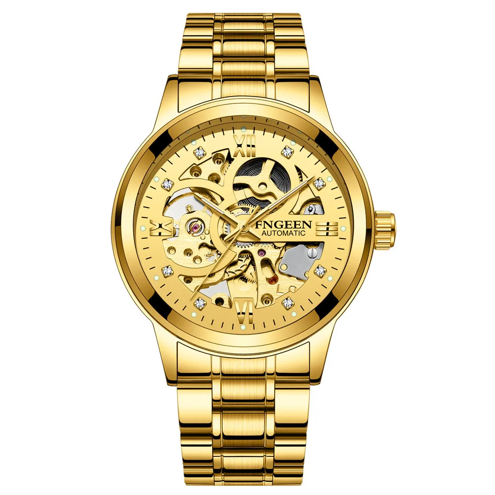 FNGEEN Automatic mechanical Mesh Belt Men Watch men Waterproof Luminous Diamond Hollow Tourbillon Colck relogio masculino