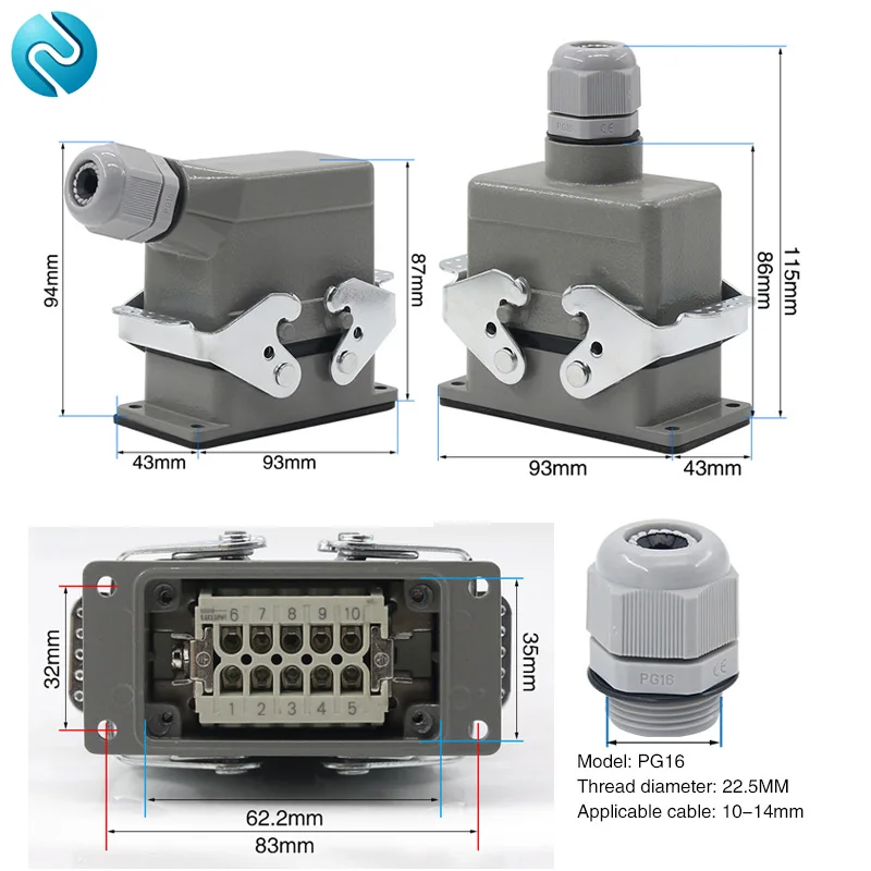 HDC-HE-010 Rectangular Heavy Duty Connector  10 pins  Aviation Socket Industrial Waterproof Wire Connector 16A 500V