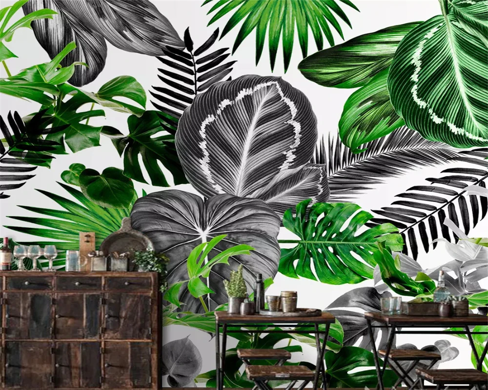 beibehang Family background wall 3d wallpaper modern black and white tropical plant back leaf background wall painting wallpaper