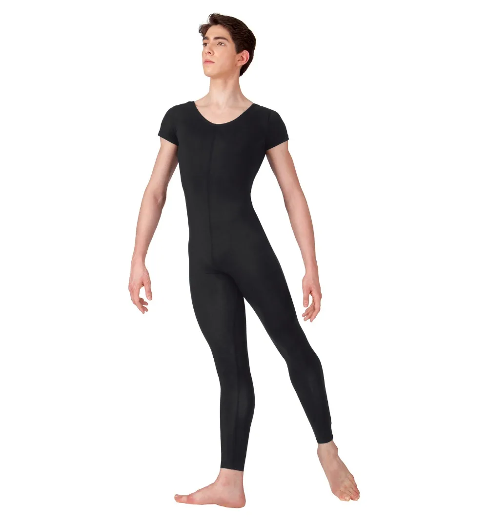 Plus Size Scoop Neck Full Length Spandex Black Mens Short Sleeve Unitard Tights Gymnastics Footless Dancewear Costume