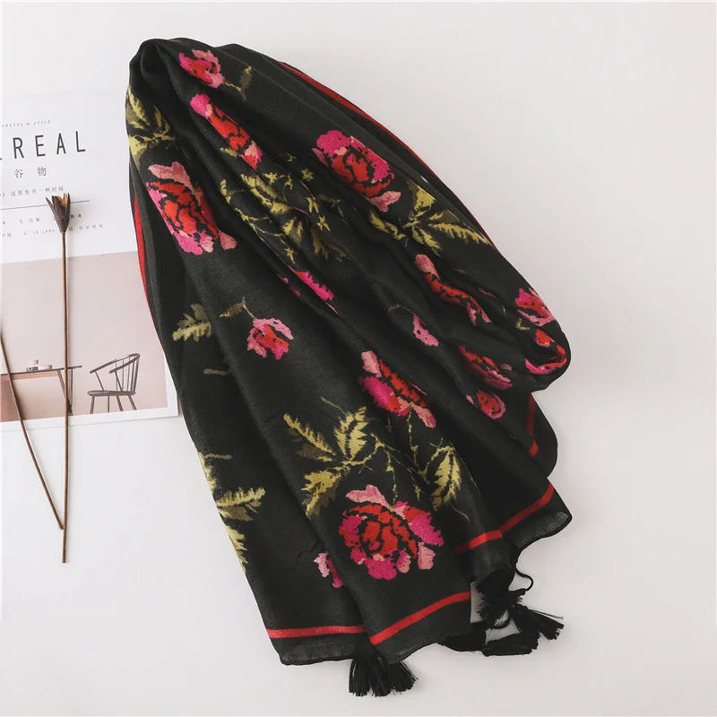 2024 Luxury Women Fashion Black Rose Floral Viscose Shawl Scarf High Quality Print Soft Wrap Foulard Pashmina Hijab Muslim Sjaal