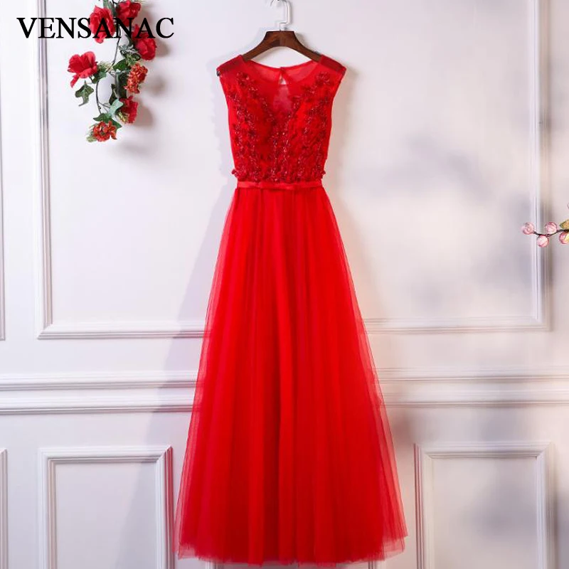 

VENSANAC 2018 Flowers Appliques O Neck Long Evening Dresses Elegant A Line Party Lace Bow Sash Open Back Prom Gowns