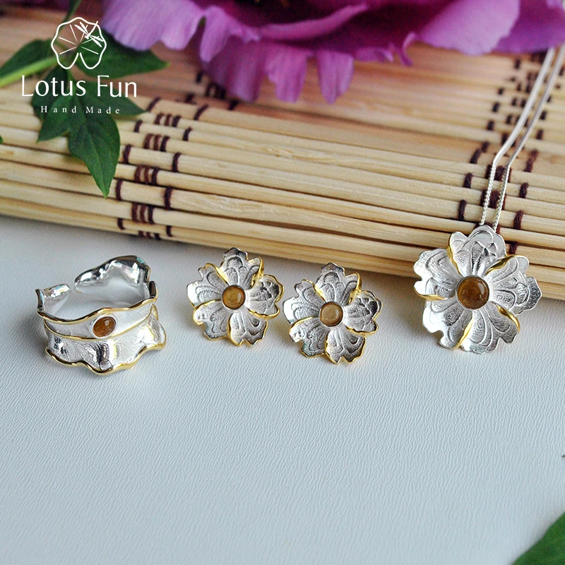 

Lotus Fun Real 925 Sterling Silver Natural Tourmaline Handmade Fine Jewelry Unique Peony Flower Jewelry Set for Women Gift