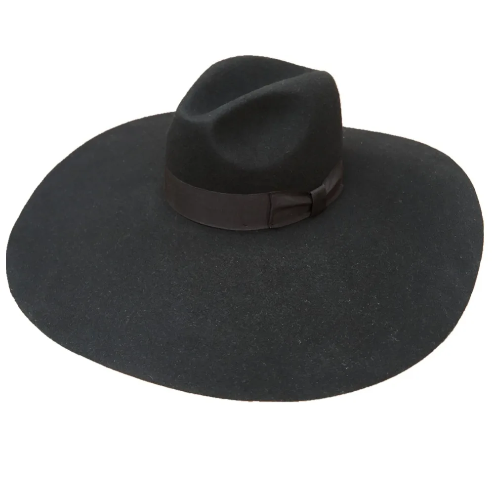 

Black Wool Felt Soft Extra Wide Large Brim Floppy Fedora Hat For Women 16cm