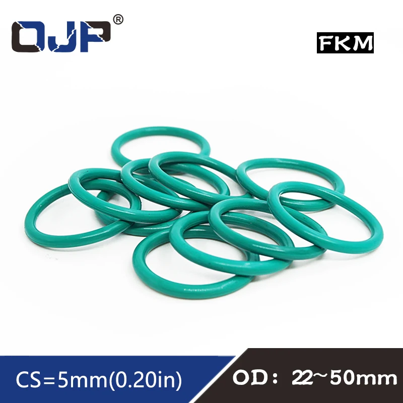 5PC/lot Rubber Rings Green FKM O ring Seal CS5mm OD22/25/28/30/32/35/38/40/42/45/48/50mm Rubber O-Rings Seal Gasket Washe