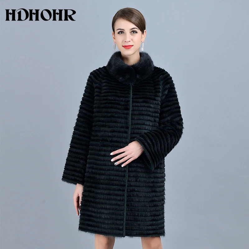 HDHOHR 2024 High Quality Knitted Mink Fur Coats Fashion Natural Mink Jacket Double Side Wear Winter Female Warm Genuine Fur Coat