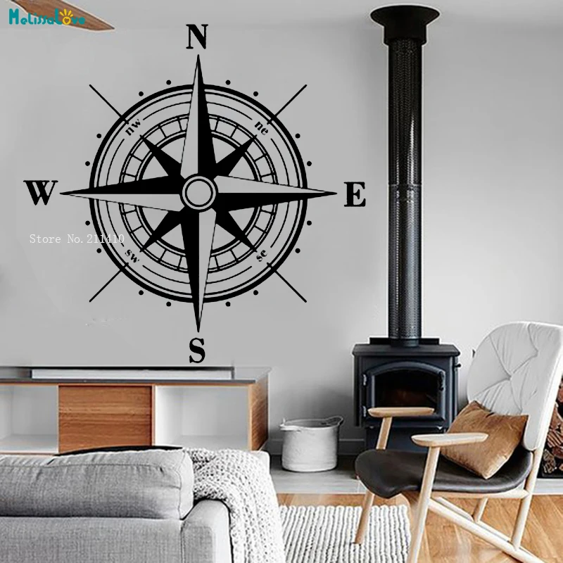 Brújula náutica, pegatina de pared de rosas, decoración náutica, calcomanías del Este del Sur del Sur, pegatinas, póster artístico de vinilo para dormitorio YT1291