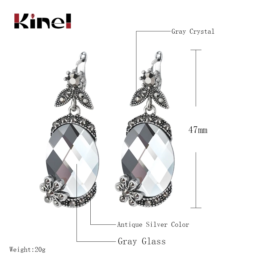 Kinel Hot Brand Design Vintage Flower Big Drop Earrings Antique Tibetan Silver Fashion Jewelry Gray Crystal Earrings For Women