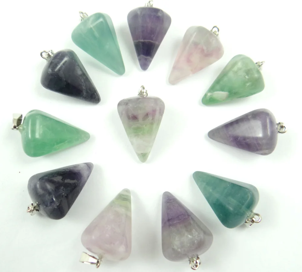 Wholesale  12PCS Fashion Natural Fluorite Stone Hexagon Pyramis Pendant Pendulum Charms For Jewelry Making Free Shipping