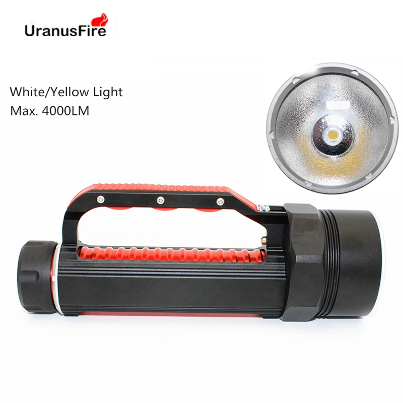 

Uranusfire XHP70 LED Diving Flashlight 4000LM 32W White/Yellow Light Dive Torch Super Bright Lamp Use 2x 26650 Battery