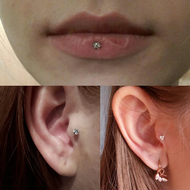 1pc Surgical Steel Prong Set Zircon Ear Helix Tragus Lip Stud Cartilage Earring Labret Monroe Ring Body Jewelry Retainer 16g