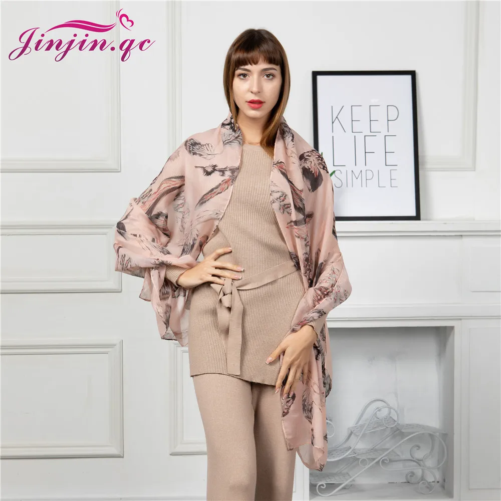 

Jinjin.QC 2019 Autumn Femme Silk Scarf Shawls And Wraps Scarves For Women Feather Preview Printing Long Soft Echarpe Foulard