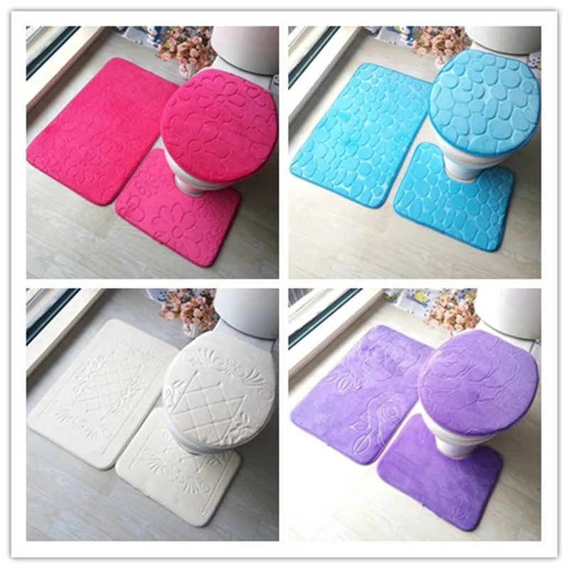 Fashion Non-slip Toilet Lid Cover Bath Mat Rugs Set Carpet for Bathroom and Toilet Seat Cover Floor Mat 3pcs Blue White Purple