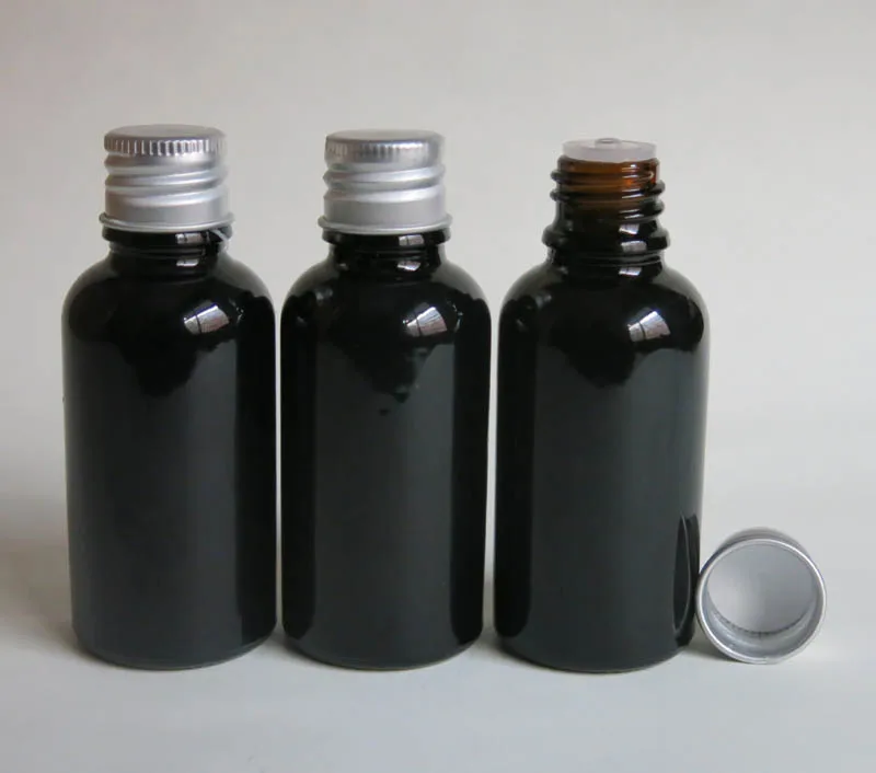 wholesale 100pcs 30ML Black Glass Bottle , Juice Serum container, 30ml Sample Vials Essential Oil Bottle with white screw cap