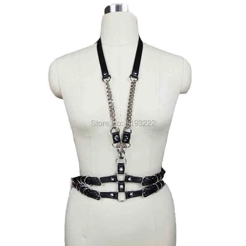 

Fashion Sexy Punk Studio Cosplay Halter Choker Harness Chains Leather Bra Bustier Sculpting Belt Waist Straps