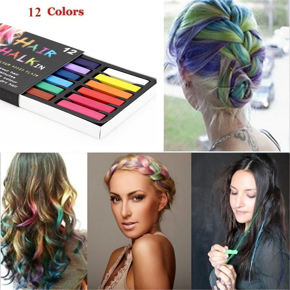 Kit de crayones de pelo suaves no tóxicos, 12 colores, Pastel de polvo para tinte de cabello temporal, tiza para el cabello 2018, Kit de herramientas de peluquería DIY