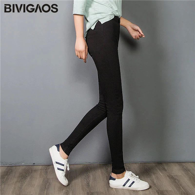 BIVIGAOS Fall Women Pencil Pants High Quality Elastic Woven Push Up Pants Two Buckle Black Leggings Skinny Slim Trousers Women